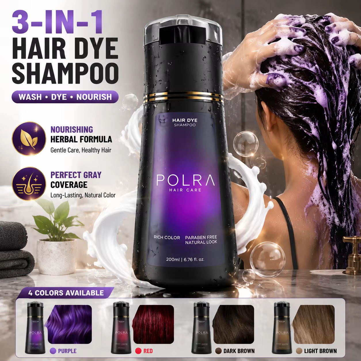 Shampoo colorant capillaire POLRA 3 en 1 200ml, à base de plantes, nourrissant, couvrant les cheveux gris, couleur longue durée, teinture capillaire naturelle