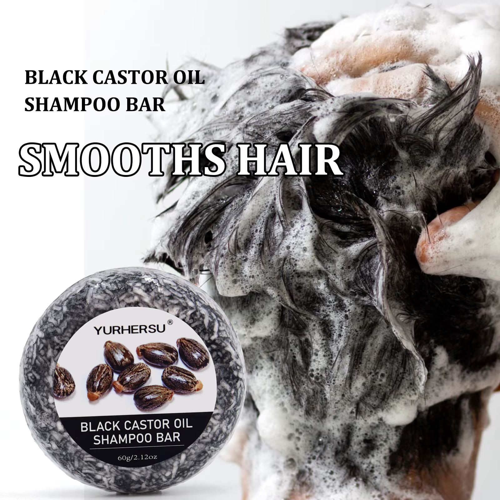Barre de shampoing et après-shampooing 2 en 1 au ricin noir de 60 g