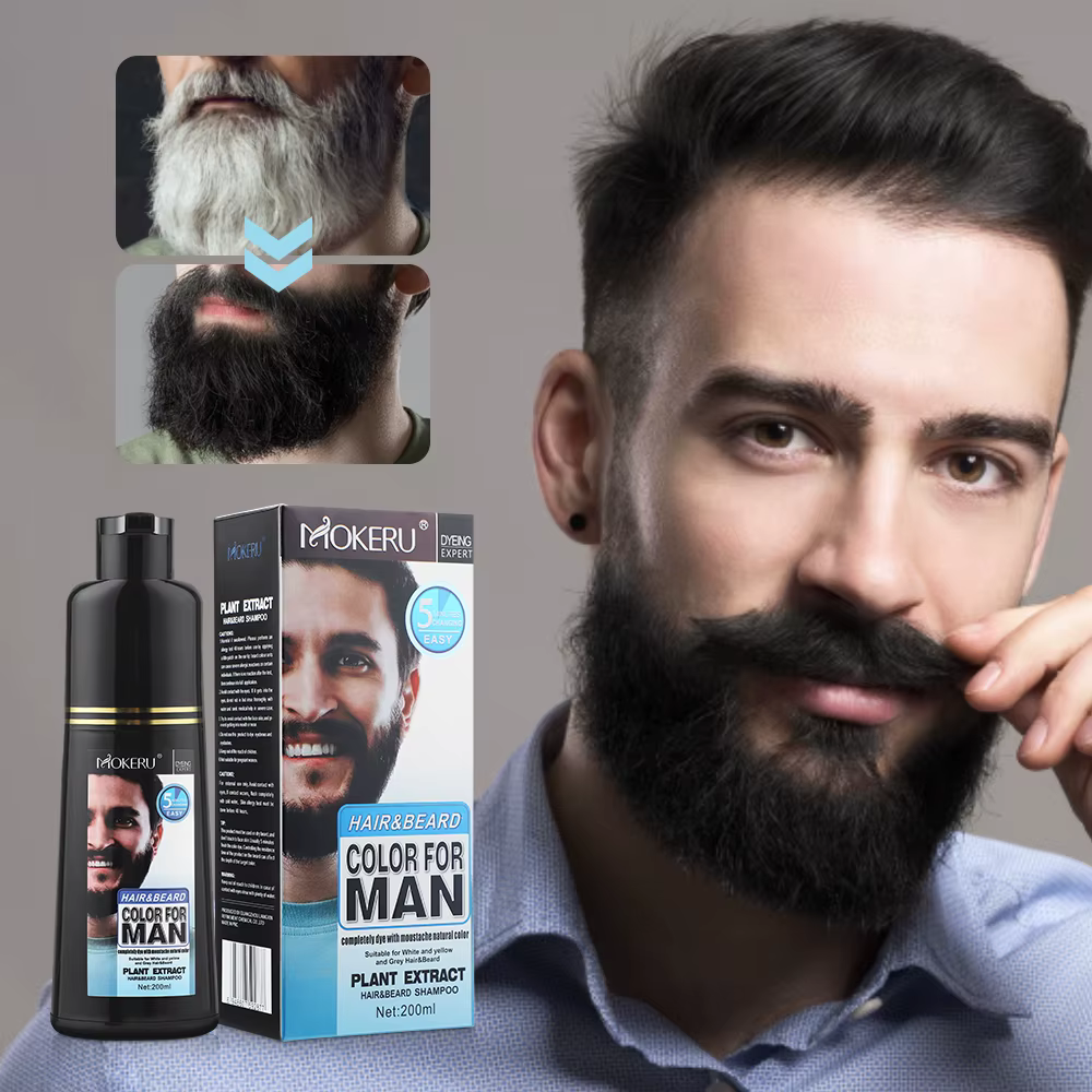 Shampoo colorant permanent pour barbe naturelle longue durée 200 ml pour hommes – Élimine les poils blancs et gris