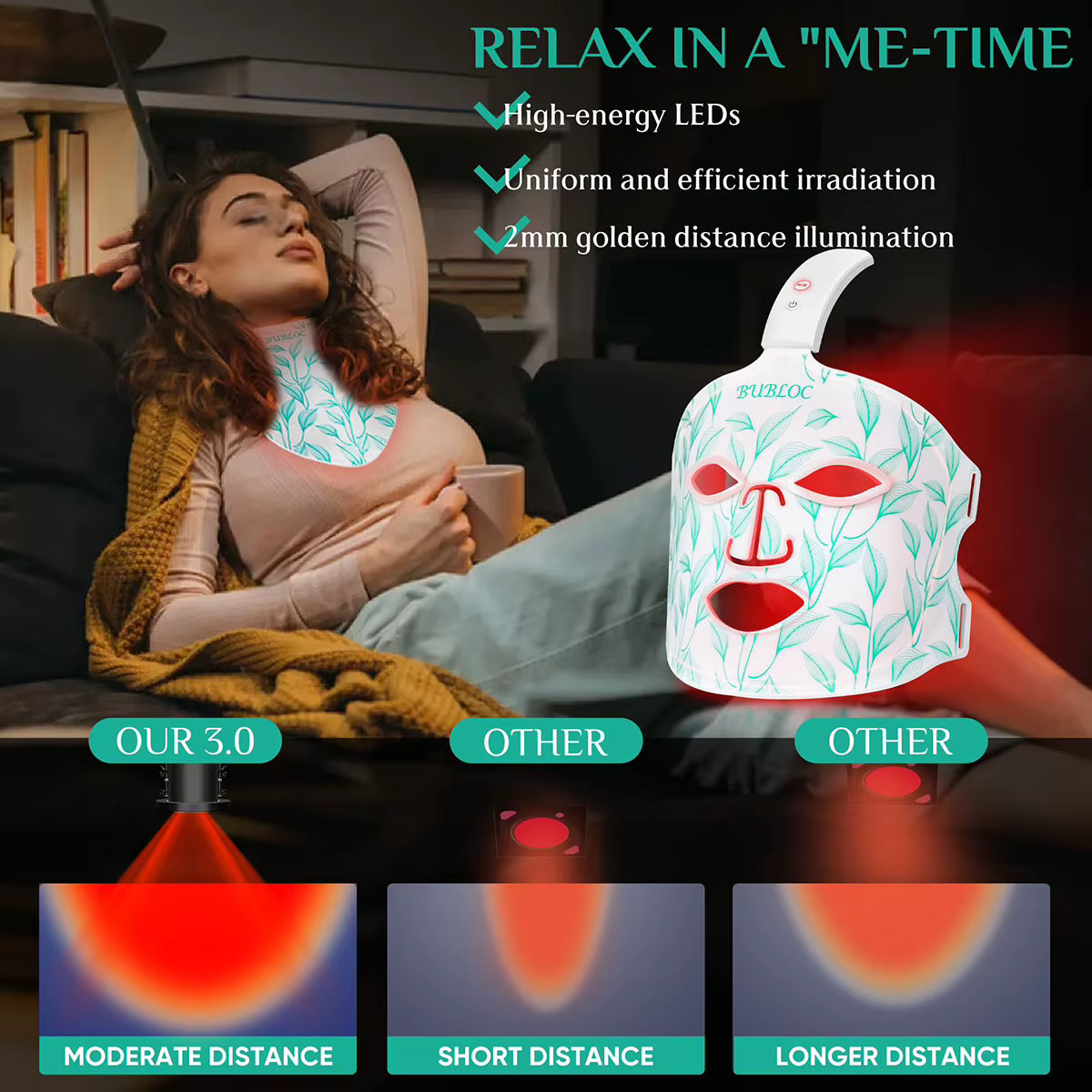 Masque facial LED 8 couleurs portable en silicone LED lumière rouge thérapie proche infrarouge pour anti-âge, rides, rajeunissement de la peau usage domestique