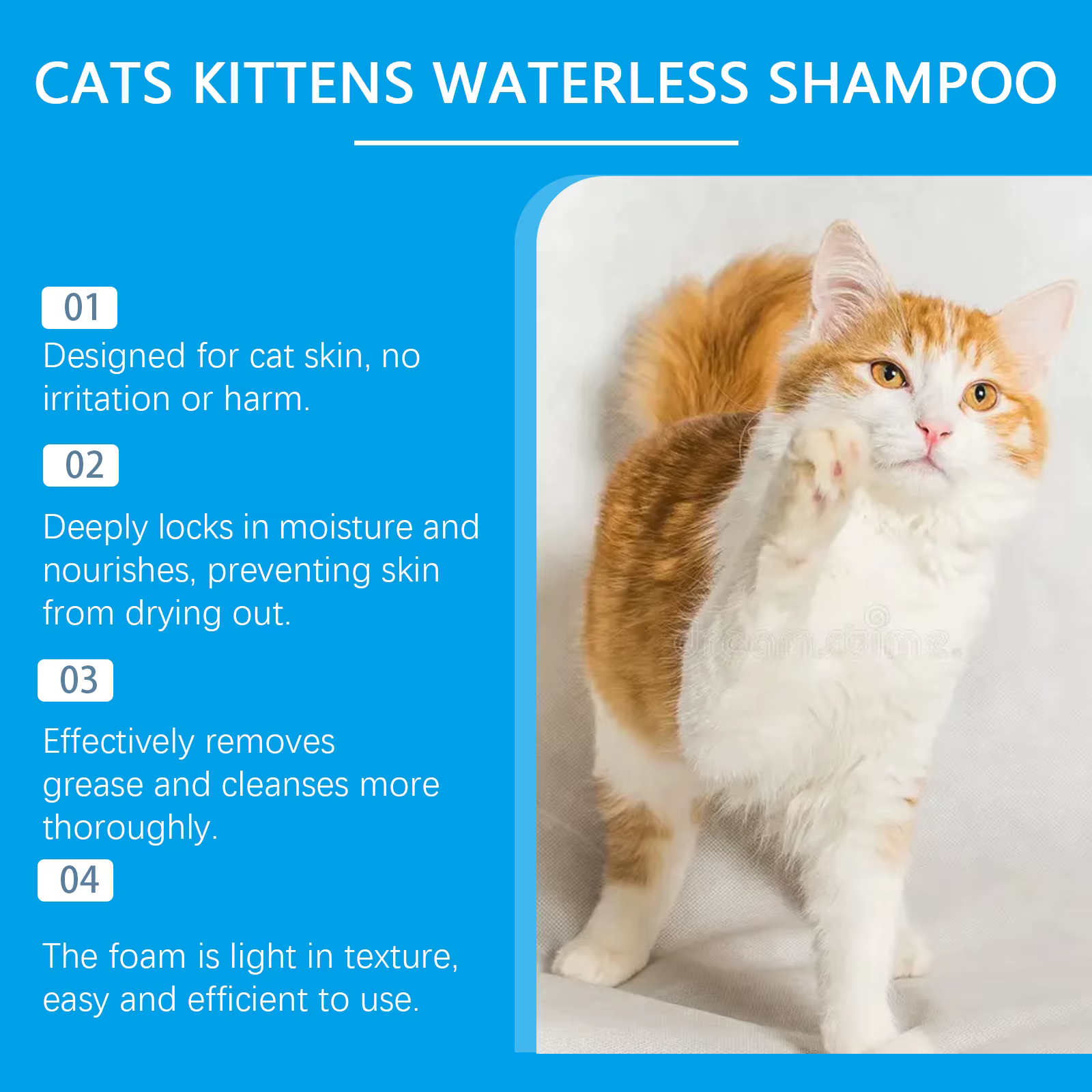 Shampooing pour chat sans eau, shampooing sec sûr à lécher, 60 ml, shampooing moussant doux pour chats, nettoyage en profondeur, soulage les démangeaisons cutanées