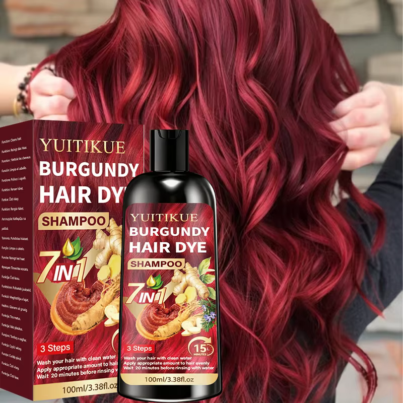 Shampoo colorant capillaire YUITIKUE Bourgogne 100ml 7 en 1 infusé aux plantes, couvre les cheveux gris, coloration capillaire simple à domicile, usage quotidien
