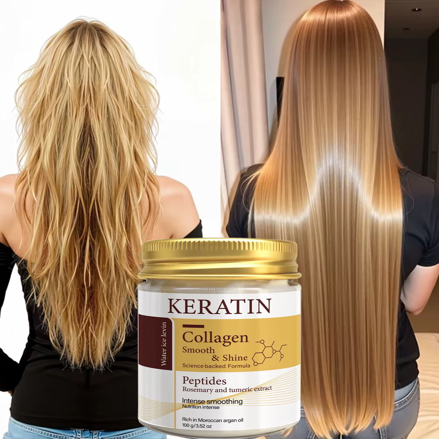 Masque capillaire à la kératine et au collagène avec peptides et romarin - Lissage intense et brillance pour tous types de cheveux - Traitement revitalisant en profondeur