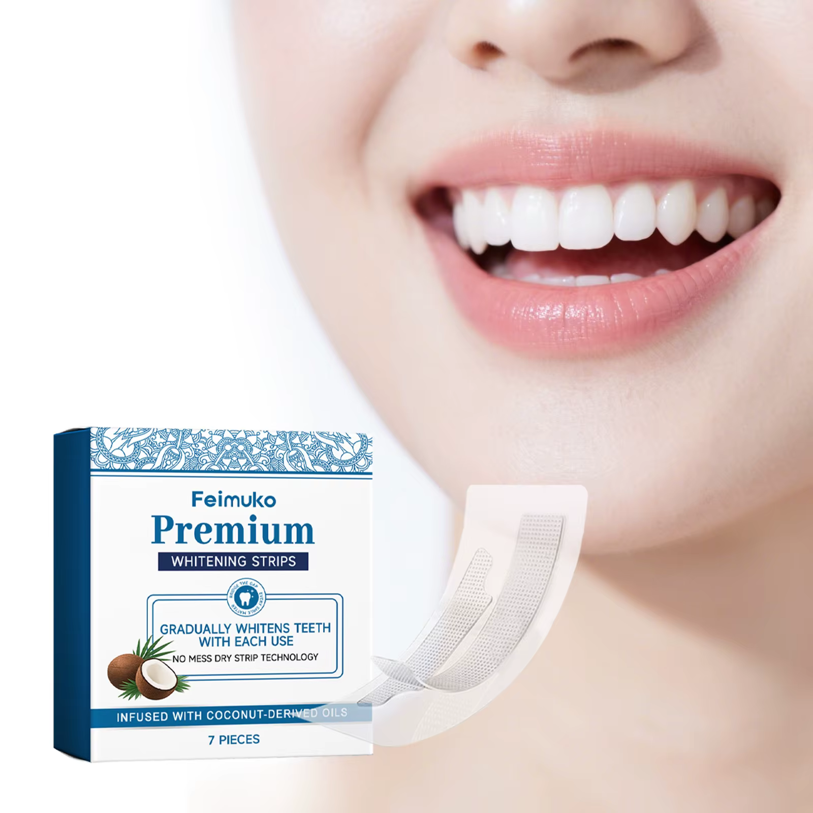 Bandes blanchissantes pour les dents à l'huile de coco Feimuko, éclaircissement longue durée, élimination douce des taches, soin nourrissant des gencives, soin des dents sensibles