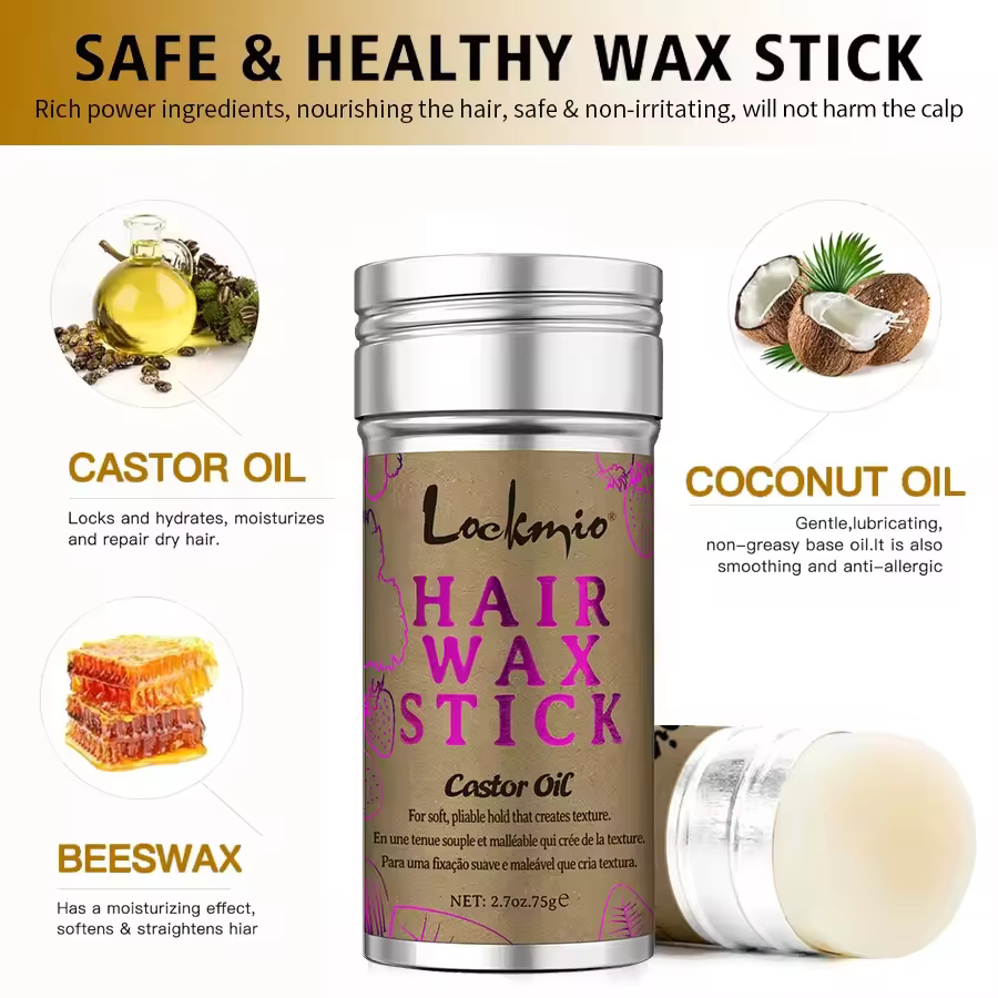 LOCKMIO 75g bâton de cire pour cheveux avec huile de ricin tome frisottis lisse flyaways forte tenue bord style finition