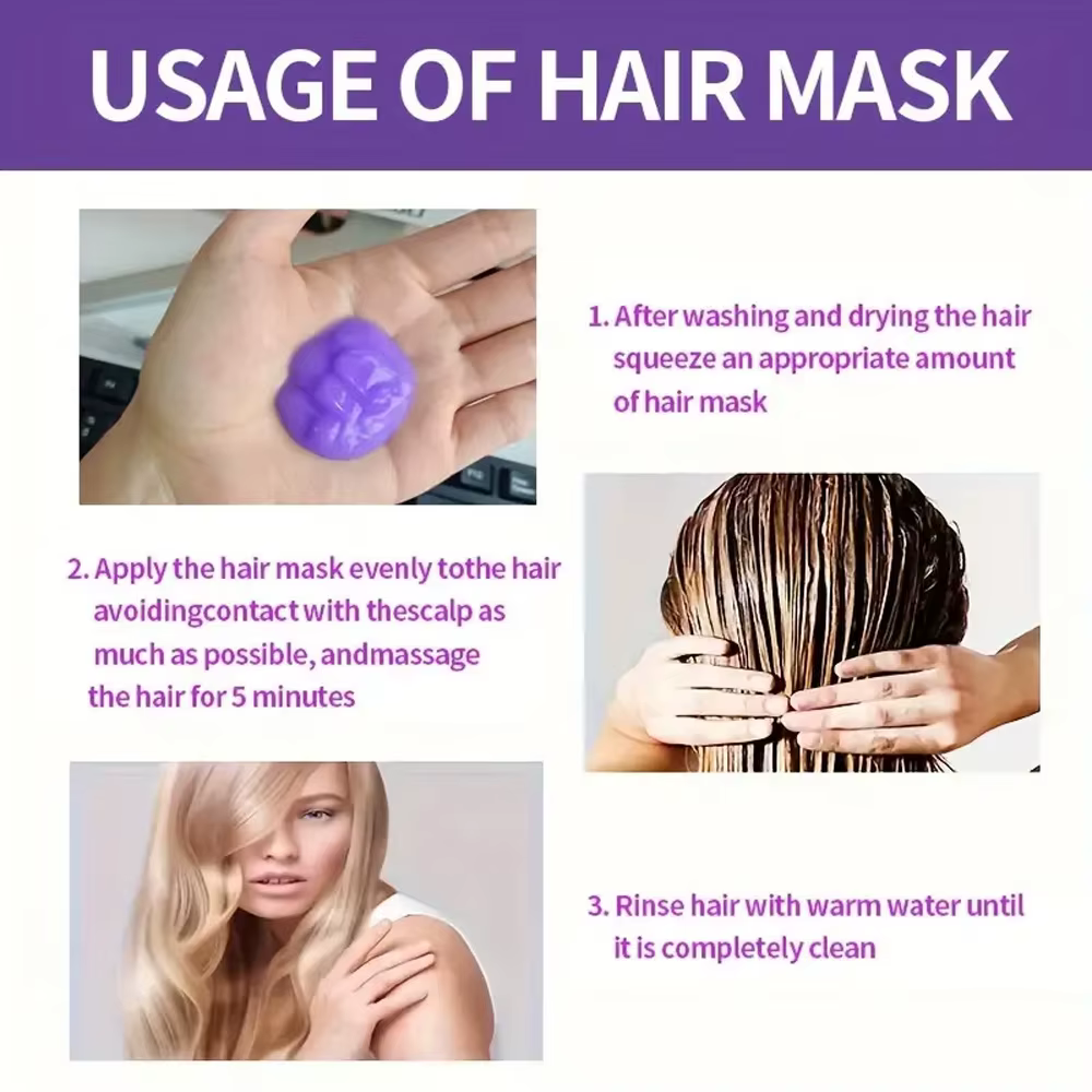Masque capillaire à la kératine violette réparateur pour cheveux endommagés maltés hydratant nourrissant