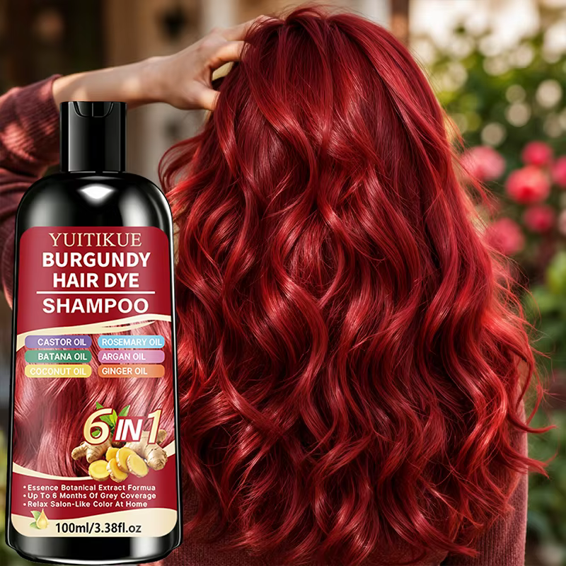 Shampoo colorant capillaire 6 en 1 couleur Bourgogne, formule à base de plantes, couvre les cheveux gris, coloration douce à faire soi-même à la maison.