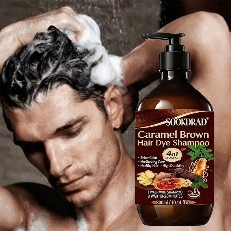 Shampoo colorant brun caramel, 4-en-1 nourrissant, coloration rapide, pour tous types de cheveux