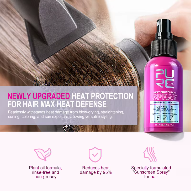 PURC Spray protecteur thermique huile de noix de coco contrôle des frisottis et brillance pour tous les types de
