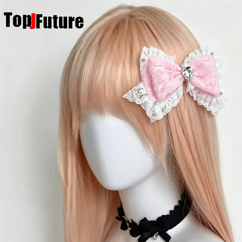 Barrettes à cheveux style Hime Y2K, nœud en dentelle rose à volants, accessoires de coiffure Hime gyaru, barrettes pour filles subculture, coiffure Luolita