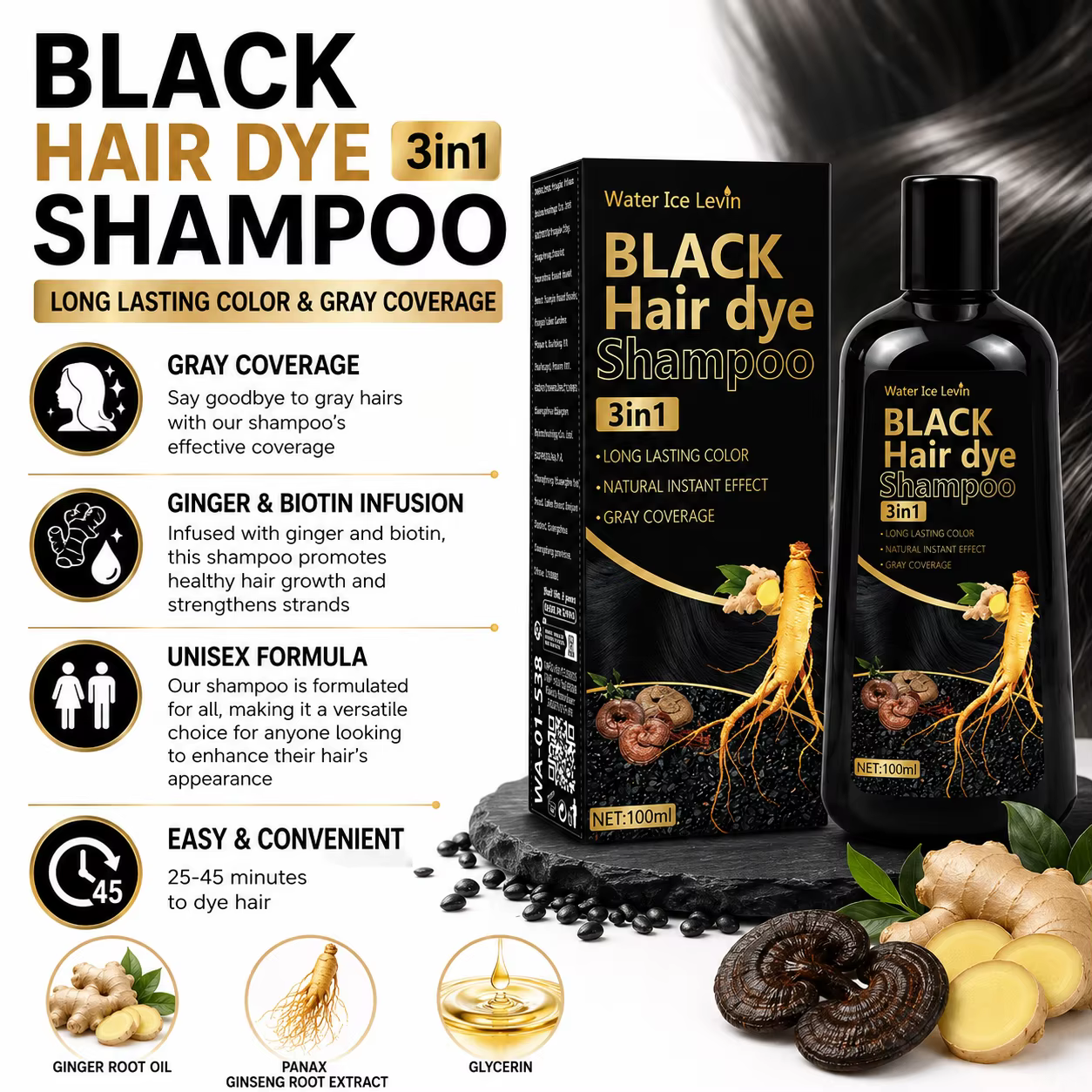 Shampooing colorant pour cheveux noirs au gingembre et biotine 3 en 1