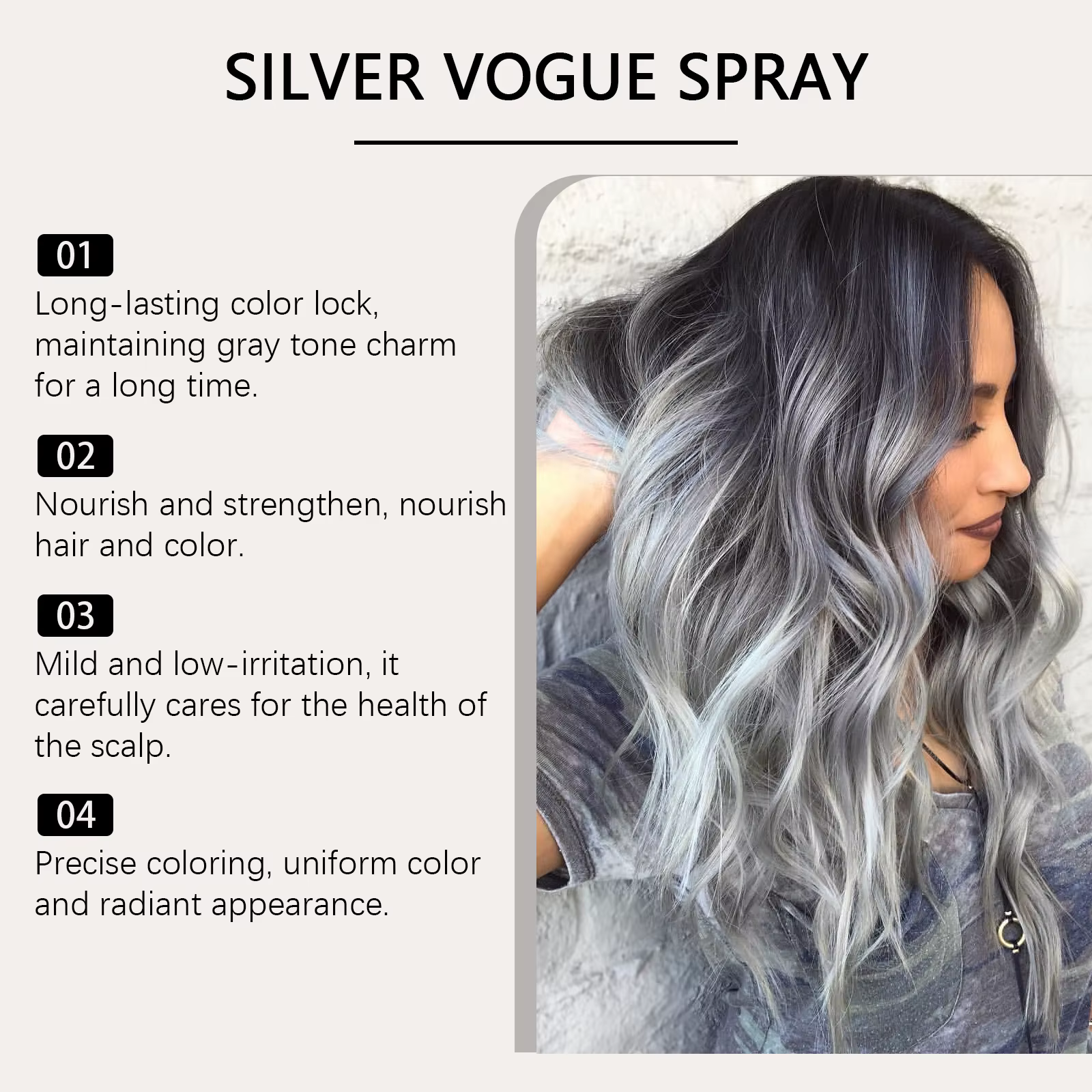 Spray de coloration temporaire gris argenté pour couvrir les cheveux