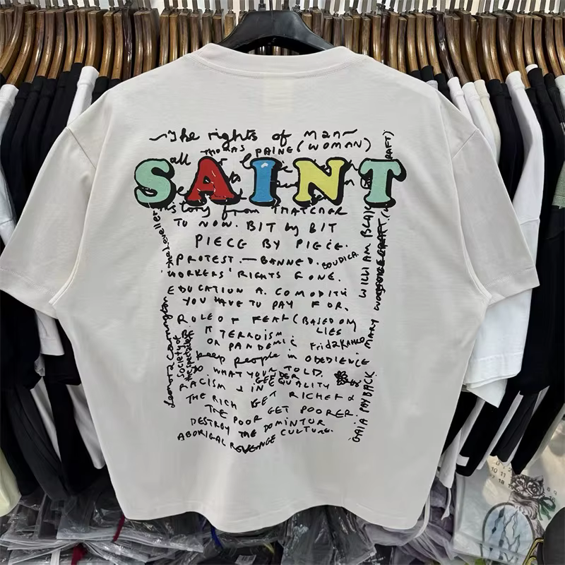 T-shirt imprimé masqué SAINT Mxxxxxx pour hommes et femmes, décontracté, coupe oversize, blanc délavé