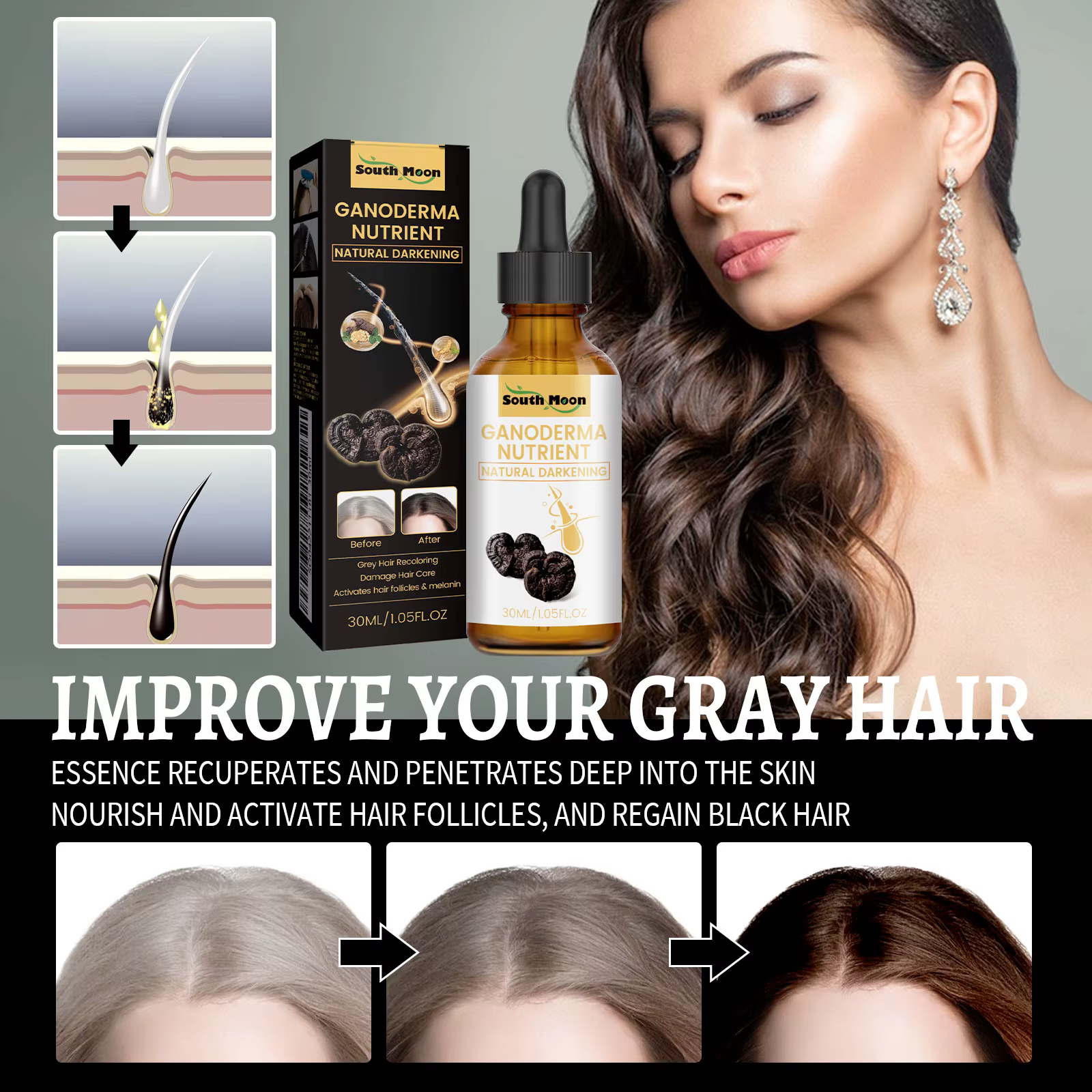 1/2/4 pièces noir Ganoderma Lucidum liquide pour cheveux réparateur de blanc à noir renforcer la racine des cheveux nourrir l'huile capillaire sérum de soin des cheveux