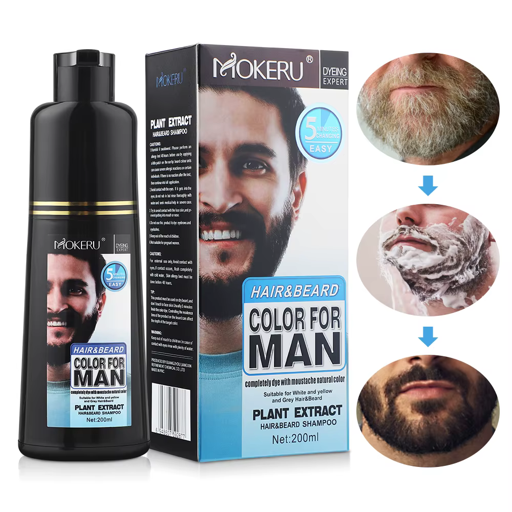 Shampoo colorant permanent pour barbe naturelle longue durée 200 ml pour hommes – Élimine les poils blancs et gris