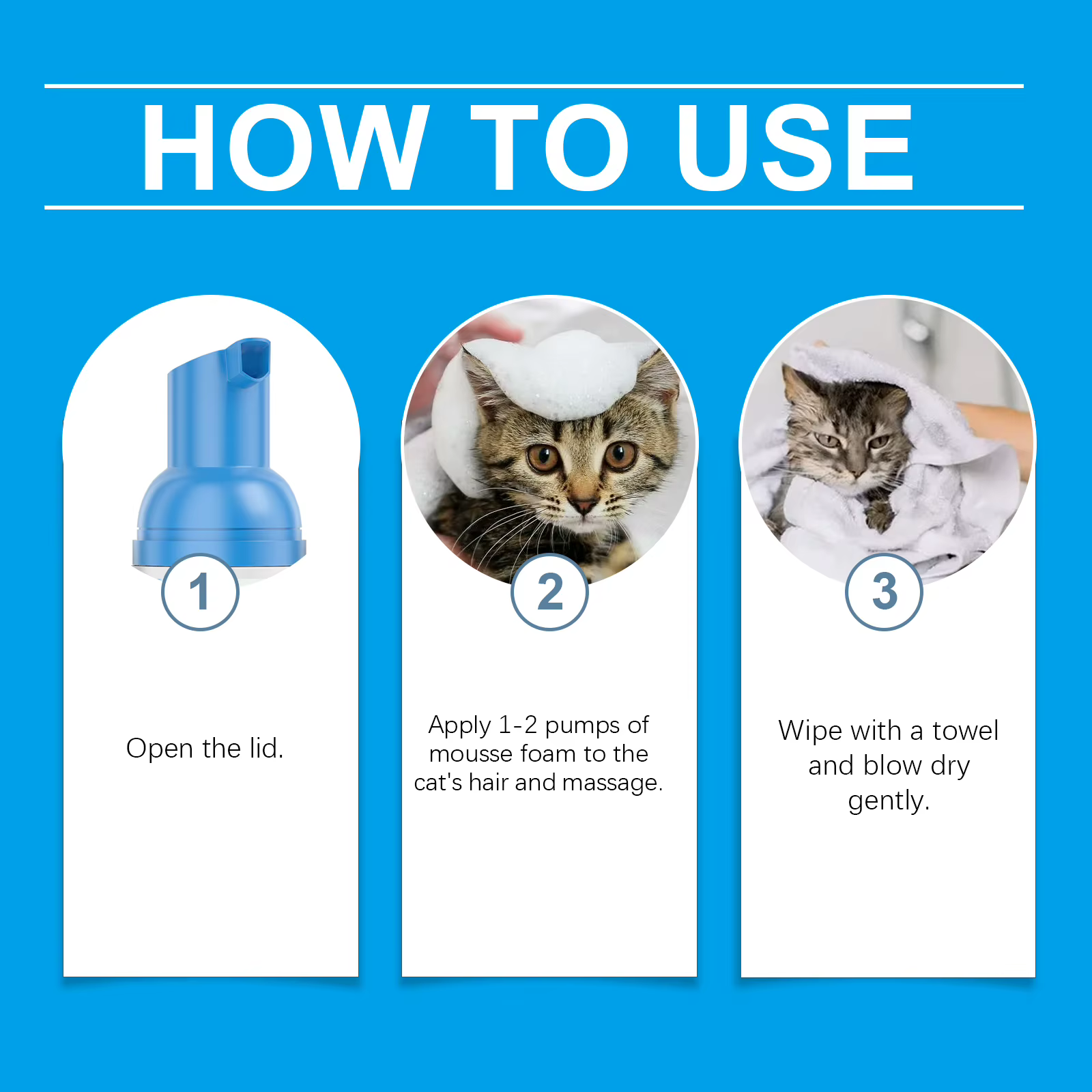 Shampooing pour chat sans eau, shampooing sec sûr à lécher, 60 ml, shampooing moussant doux pour chats, nettoyage en profondeur, soulage les démangeaisons cutanées
