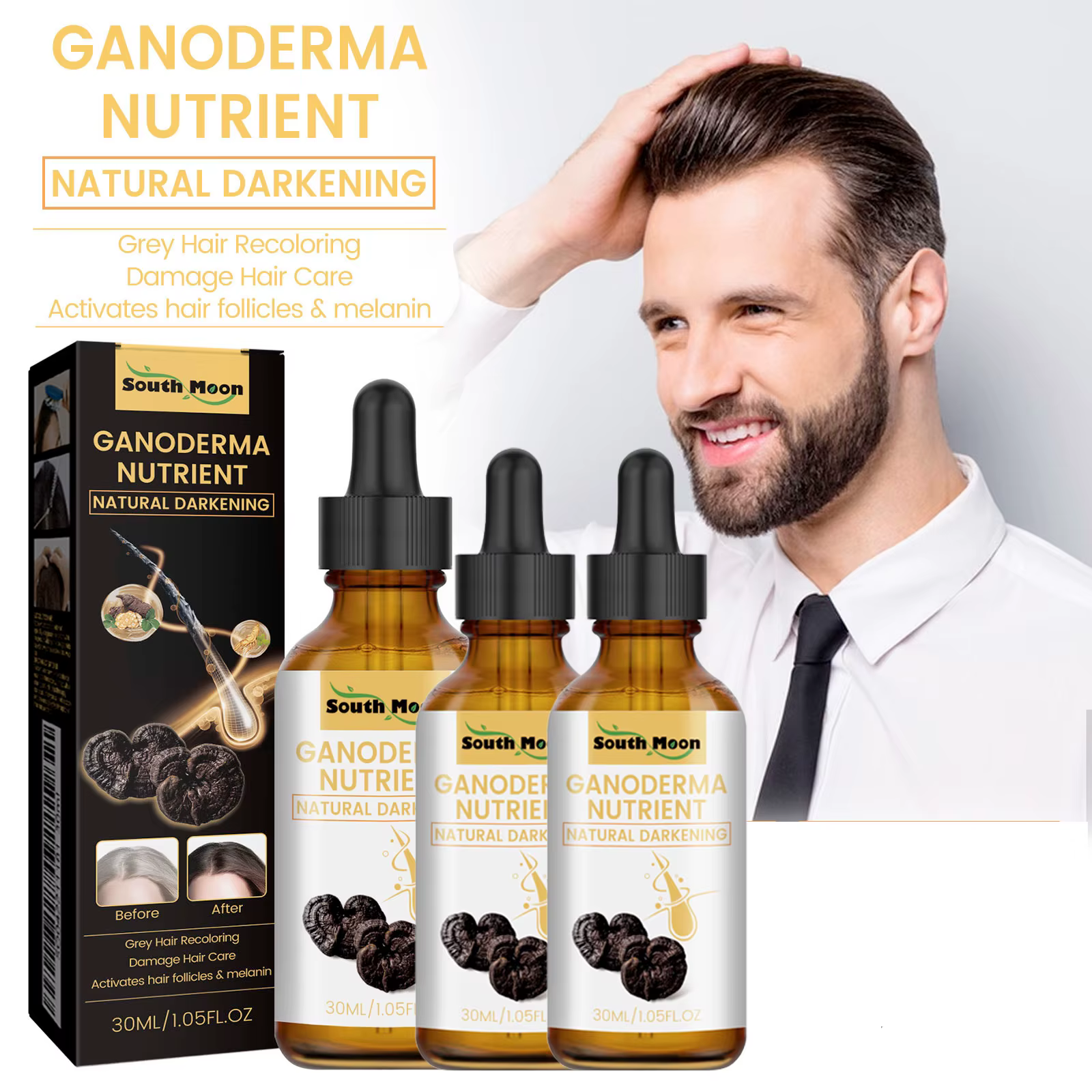 1/2/4 pièces noir Ganoderma Lucidum liquide pour cheveux réparateur de blanc à noir renforcer la racine des cheveux nourrir l'huile capillaire sérum de soin des cheveux