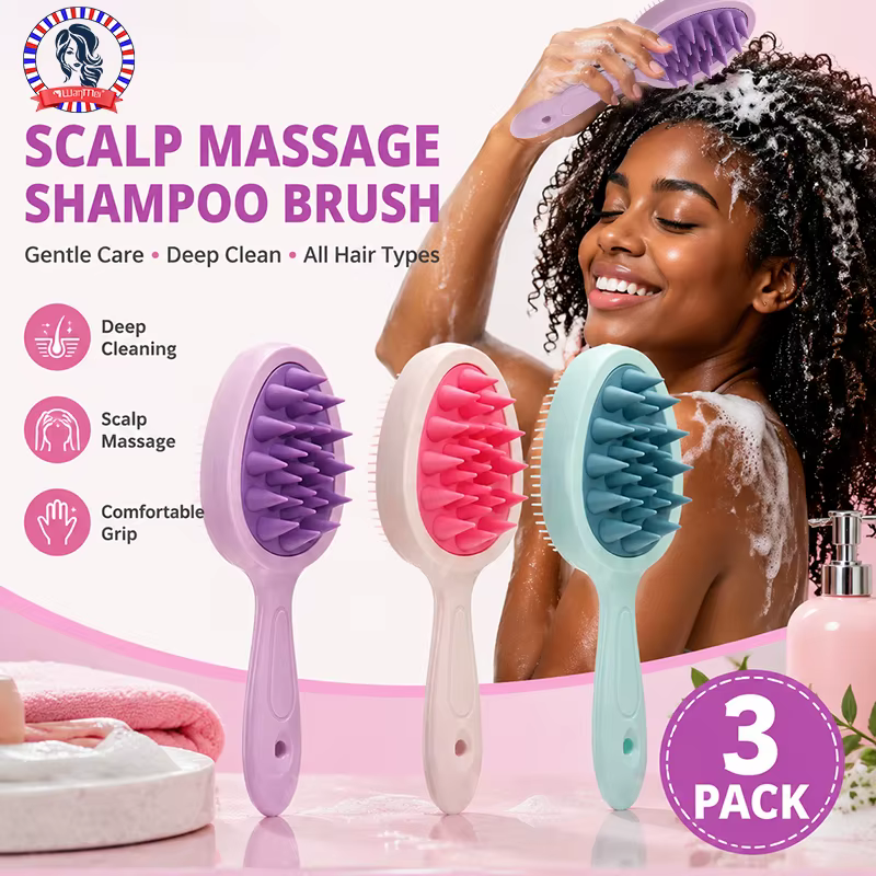 Brosse de massage du cuir chevelu à double denture et manche long en silicone pour un nettoyage en profondeur et démêlage des cheveux humides ou secs