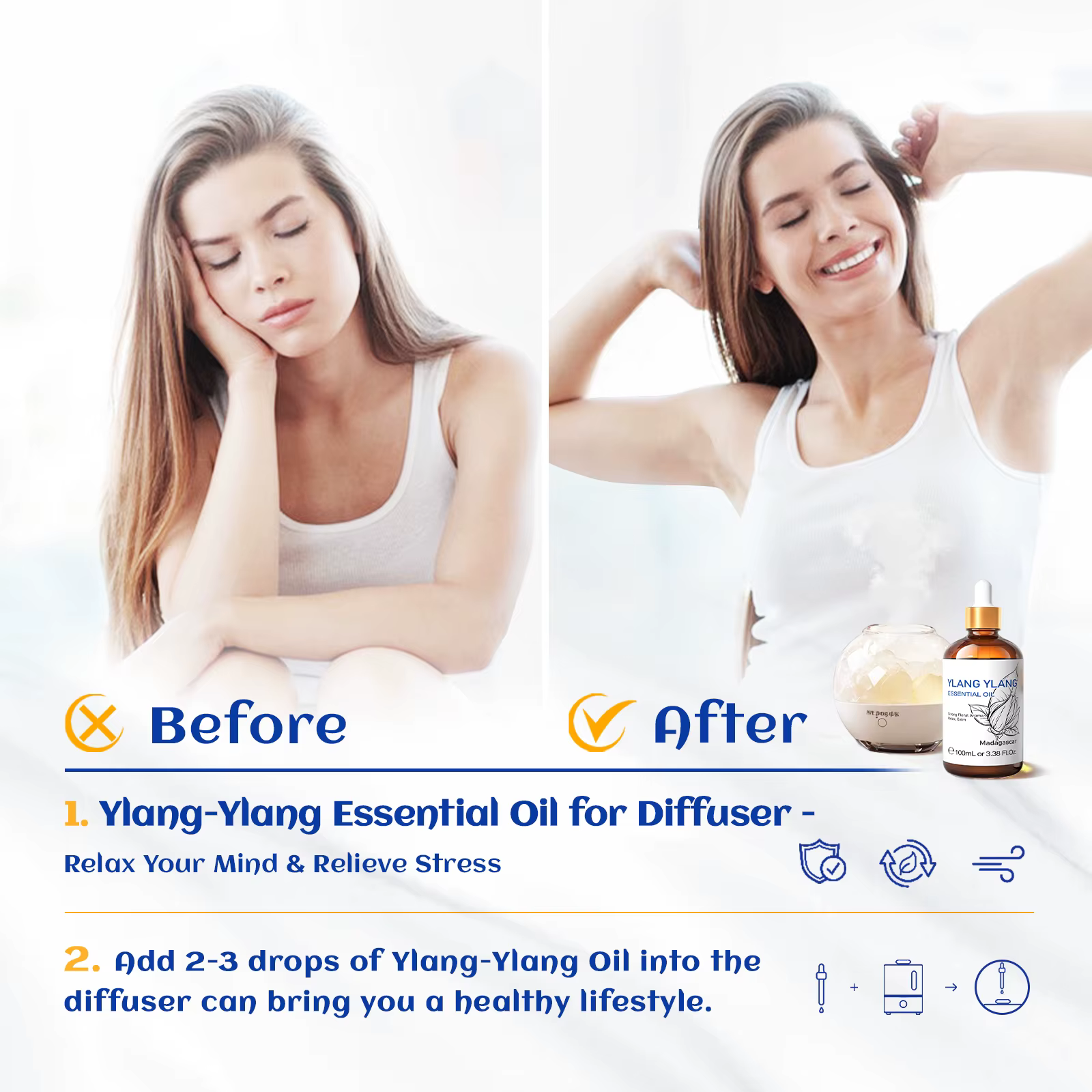 HIQILI Huile Essentielle Naturelle d'Ylang Ylang 10/30/100ml, Extraction de Matière Première, Parfum d'Ambiance, Humidificateur, Parfum pour Voiture