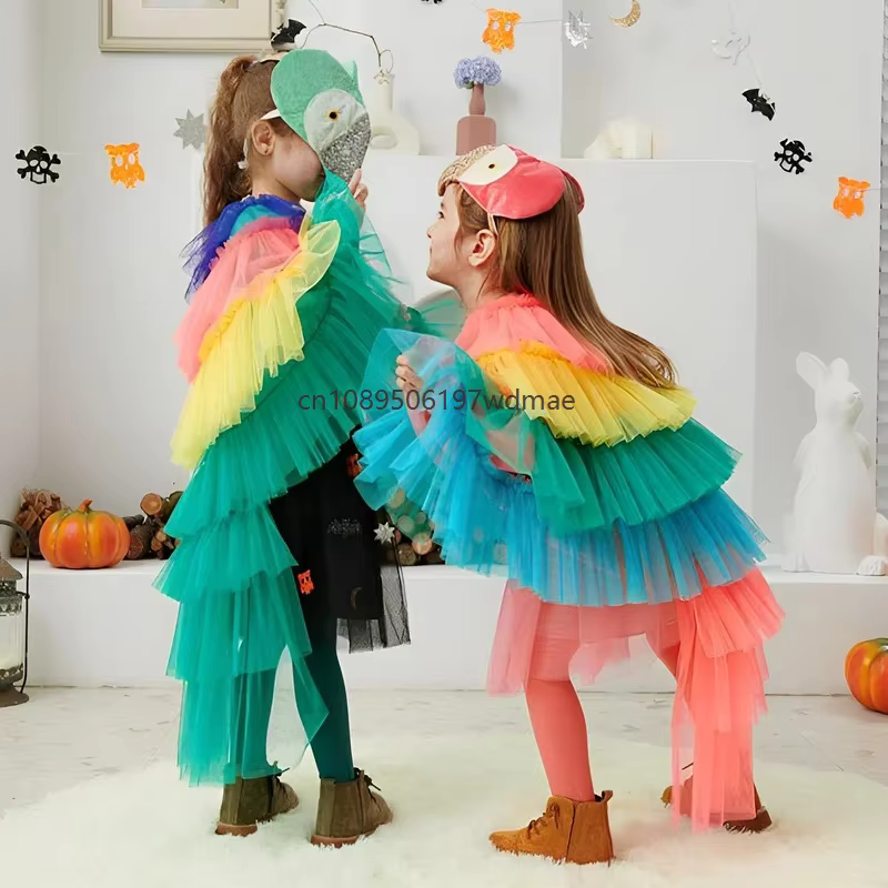 Cape de costume d'oiseau multicolore pour enfant, tenue de cosplay animal pour fille, robe de performance scénique, costume de carnaval à thème oiseau
