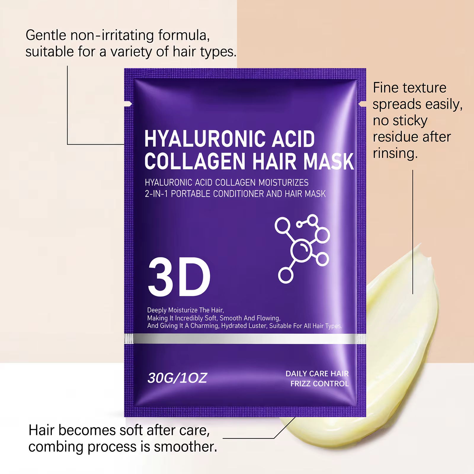 Masque capillaire au collagène et à l'acide hyaluronique 30g – Traitement revitalisant en profondeur pour cheveux secs