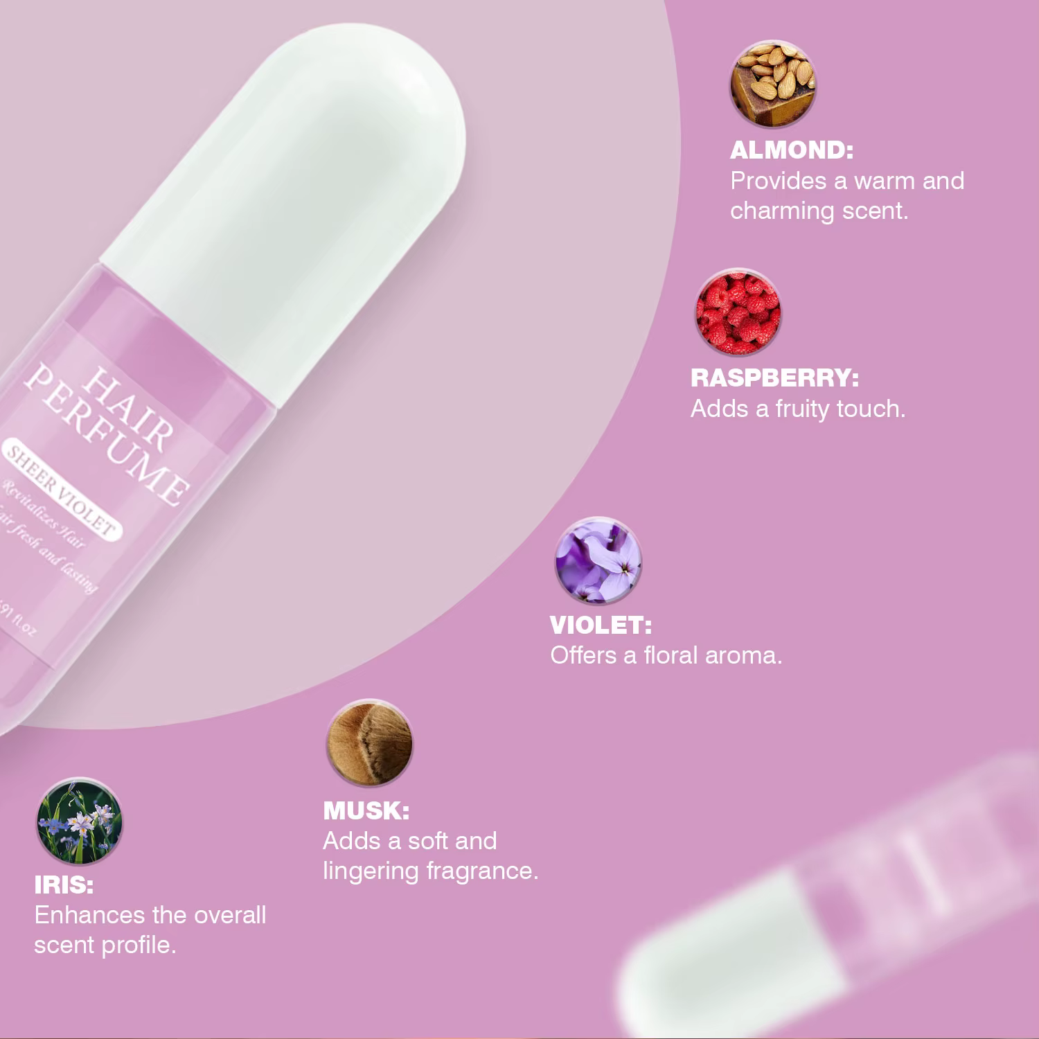 Parfum capillaire violet transparent pour femmes