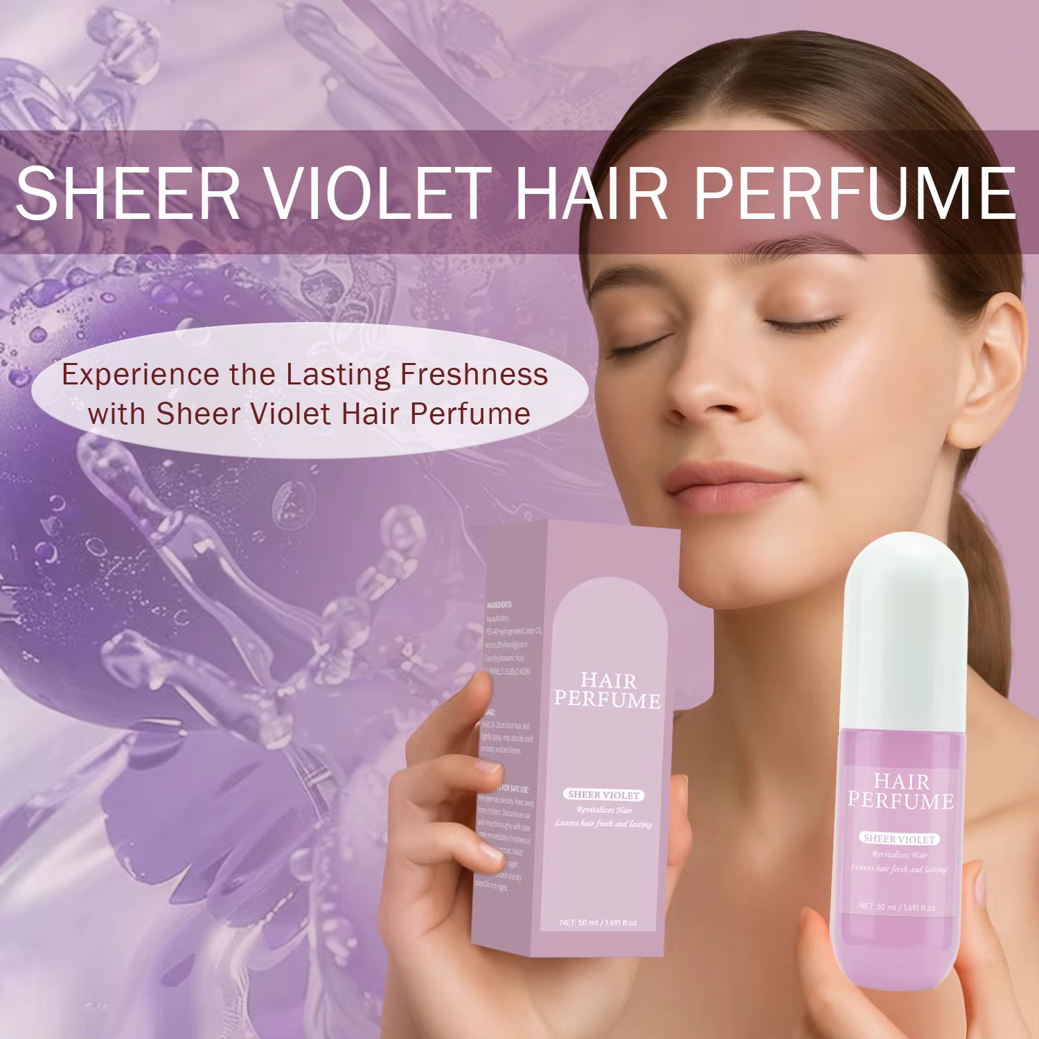 Parfum capillaire violet transparent pour femmes