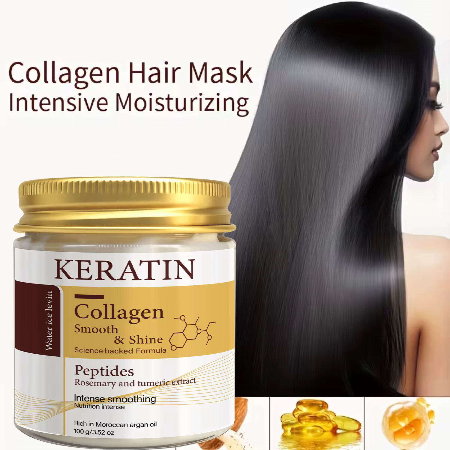 Masque capillaire à la kératine et au collagène avec peptides et romarin - Lissage intense et brillance pour tous types de cheveux - Traitement revitalisant en profondeur