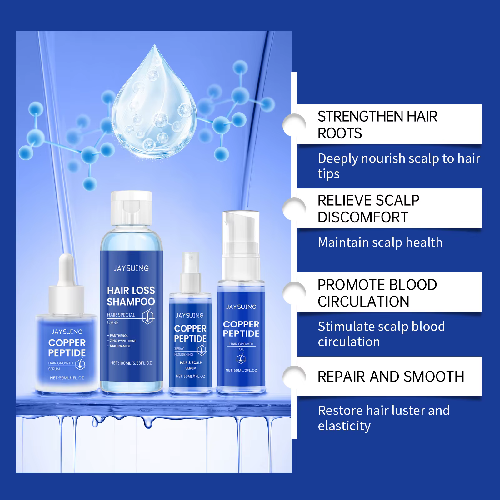 Sérum de croissance des cheveux, Peptides de cuivre, traitement du cuir chevelu, réparation, endommagé, crépus, nourrit, brillance douce, lissage, shampoing fortifiant