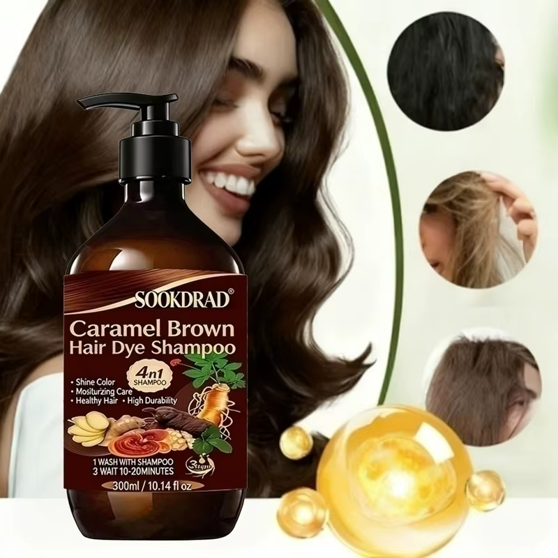 Shampoo colorant brun caramel, 4-en-1 nourrissant, coloration rapide, pour tous types de cheveux