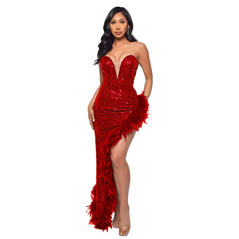 Robes pour femmes, modèle fourreau, bustier, pour soirée et bal de promo, ornées de plumes et de paillettes, magnifiques, coupe ajustée, sexy, dos nu, effet enveloppant sur les fesses, Vestidos