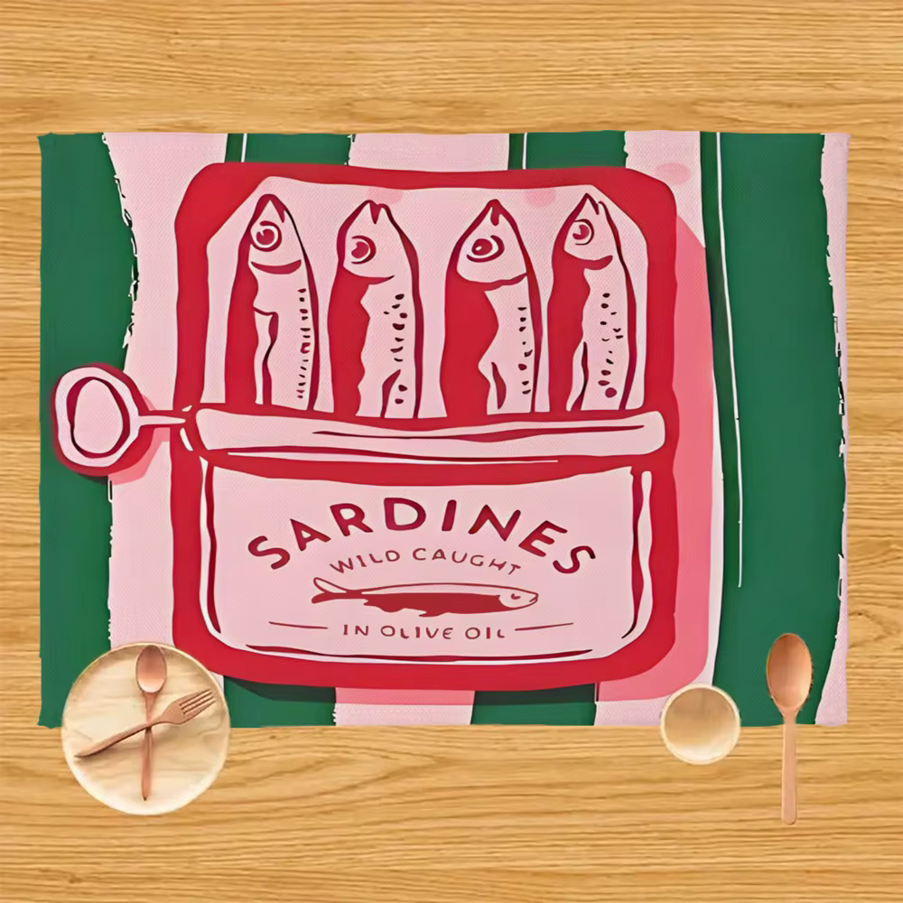 Napperons imprimés de sardines dans l'huile, 4 pièces, tapis rectangulaires de conception colorée pour Table à manger, décor de sardine, accessoire de cuisine