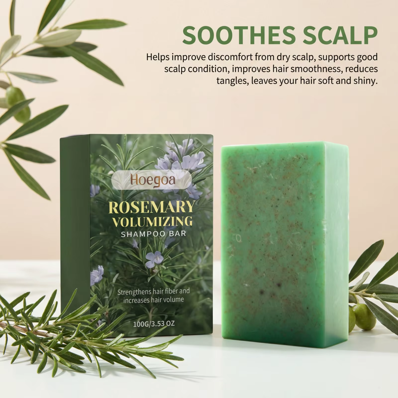Shampooing Solide Volumisant au Romarin Nettoyage Doux Apaise le Cuir Chevelu Huiles Naturelles Renforce les Cheveux Contrôle des Frisottis Lisse et Brillant 100g