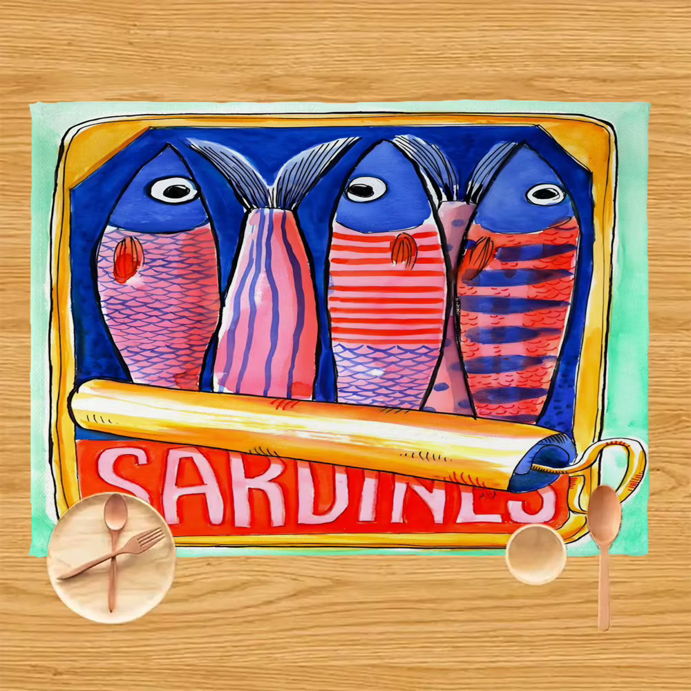Napperons imprimés de sardines dans l'huile, 4 pièces, tapis rectangulaires de conception colorée pour Table à manger, décor de sardine, accessoire de cuisine
