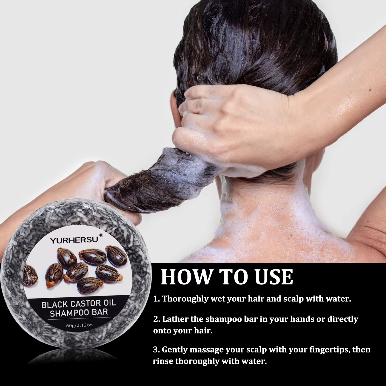 Barre de shampoing et après-shampooing 2 en 1 au ricin noir de 60 g