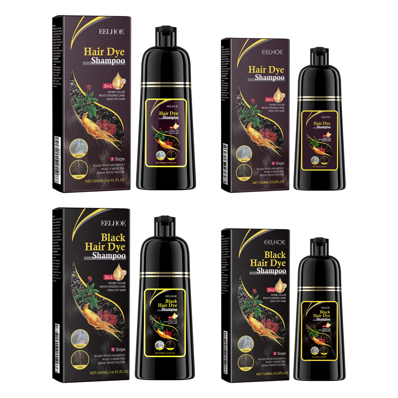 EELHOE shampooing de teinture pour cheveux noirs 3 en 1 croissance propre