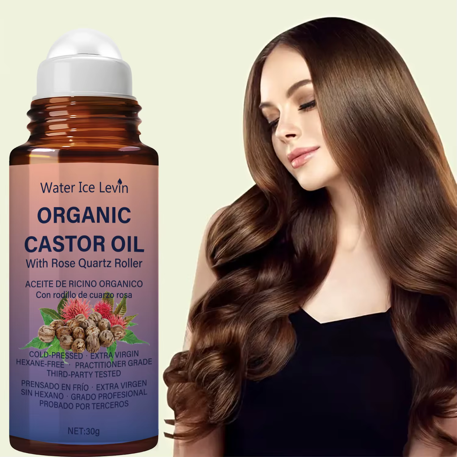 Huile de Ricin Bio Hiver avec Rouleau en Quartz Rose - Pressée à Froid
