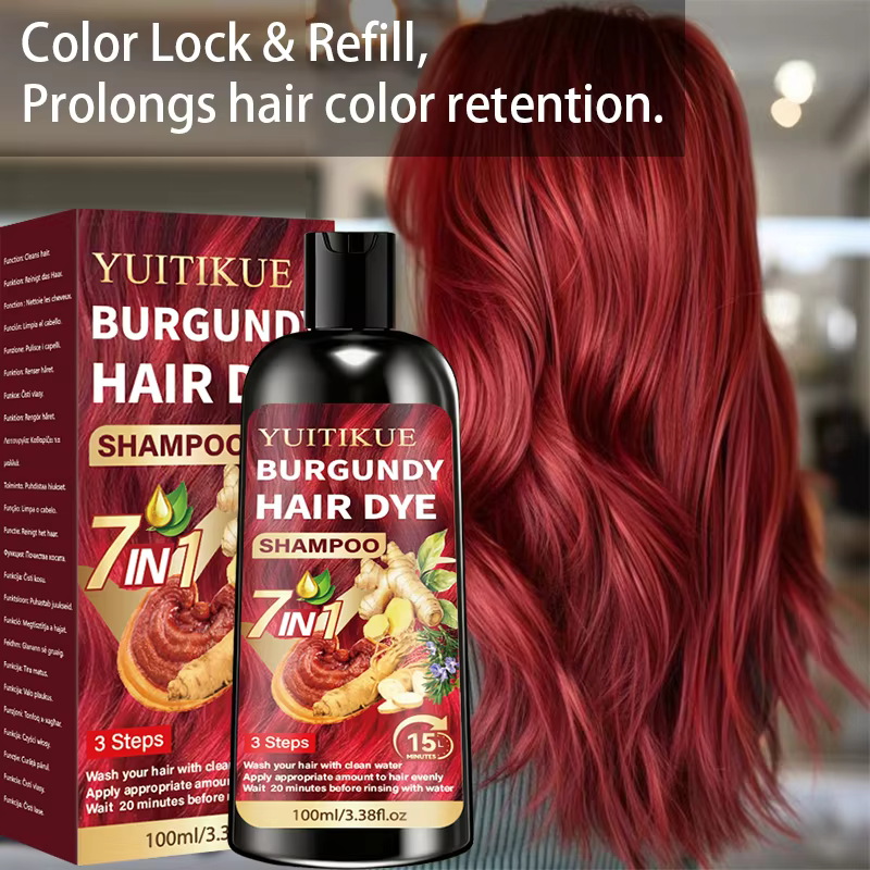 Shampoo colorant capillaire YUITIKUE Bourgogne 100ml 7 en 1 infusé aux plantes, couvre les cheveux gris, coloration capillaire simple à domicile, usage quotidien
