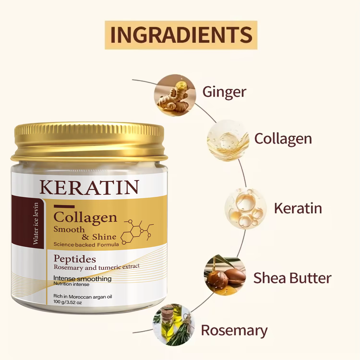 Masque capillaire à la kératine et au collagène avec peptides et romarin - Lissage intense et brillance pour tous types de cheveux - Traitement revitalisant en profondeur