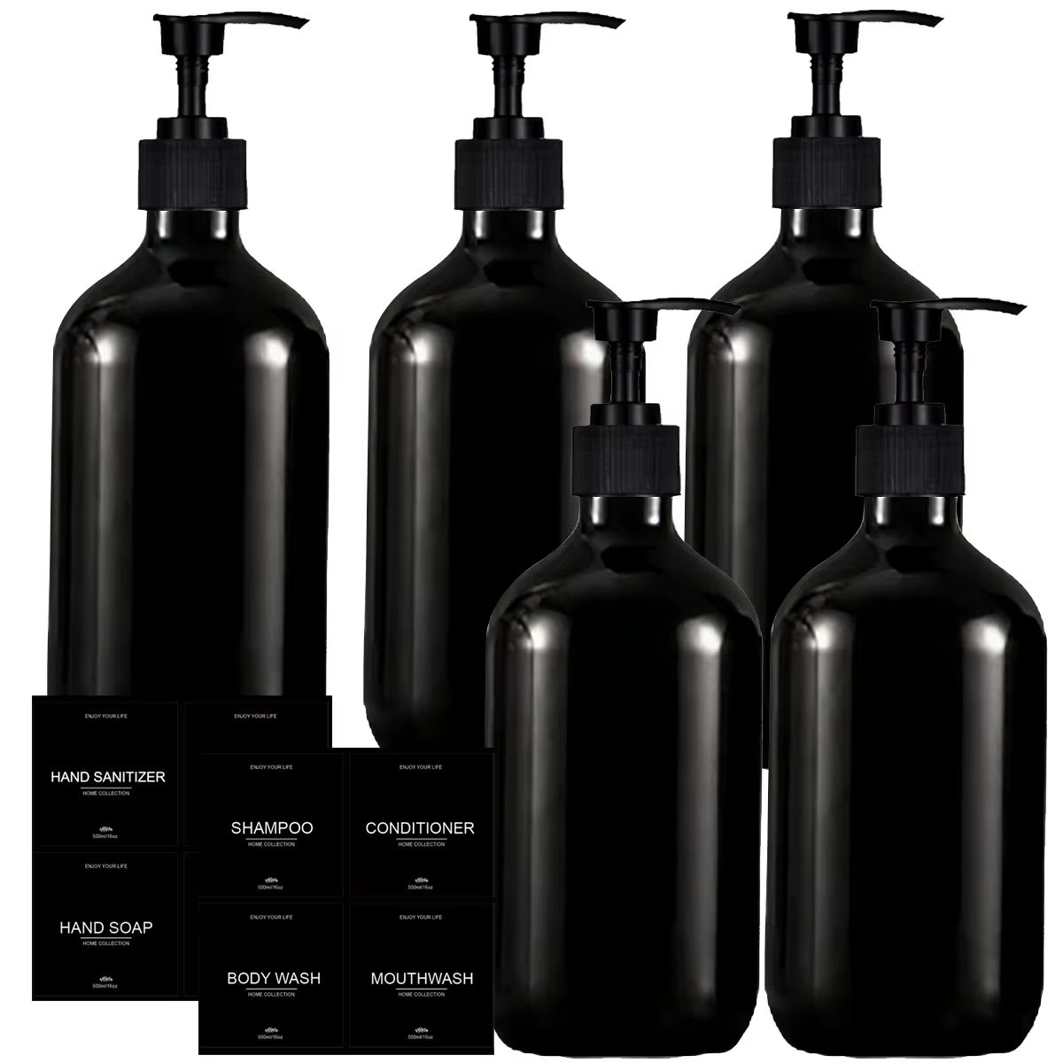Ensemble de distributeurs de savon pour douche, noir brillant, rechargeables, pour shampoing, après-shampoing et gel douche, avec étiquettes imperméables, pour salle de bain