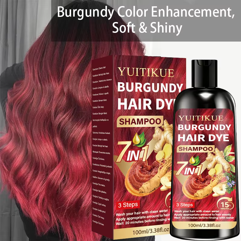 Shampoo colorant capillaire YUITIKUE Bourgogne 100ml 7 en 1 infusé aux plantes, couvre les cheveux gris, coloration capillaire simple à domicile, usage quotidien