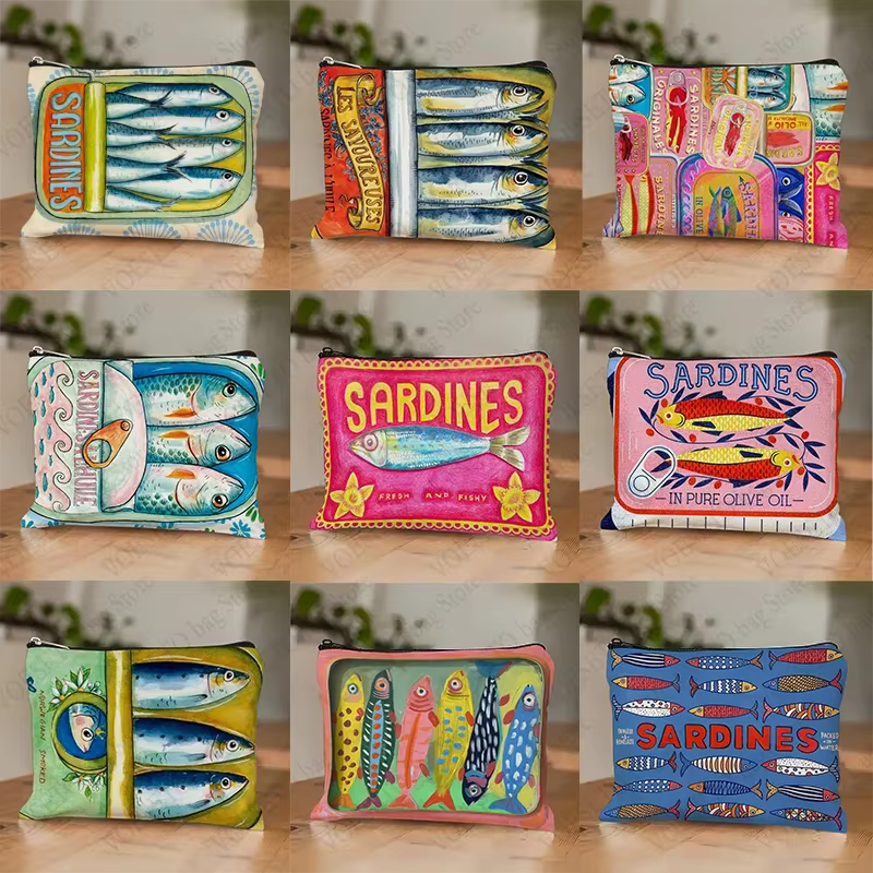 Trousse à cosmétiques de sardine gastronomique, portefeuille de poisson d'huile d'olive réaliste, trousse de maquillage pour femmes, trousse à crayons accessoire thème alimentaire aquarelle
