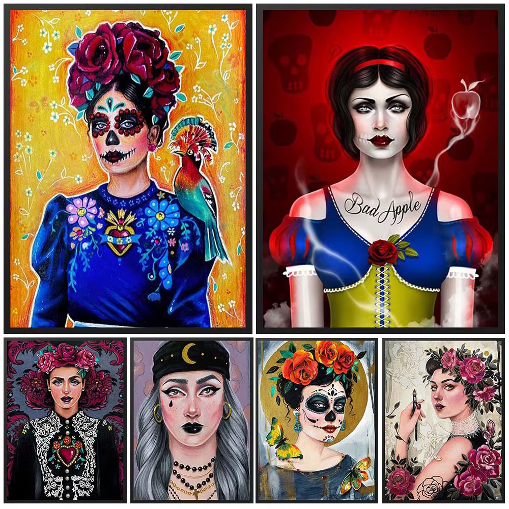 Portrait du jour des morts du mexique des femmes, images murales de fille Grimace pour affiche de salon, peinture sur toile d'art mural sans cadre