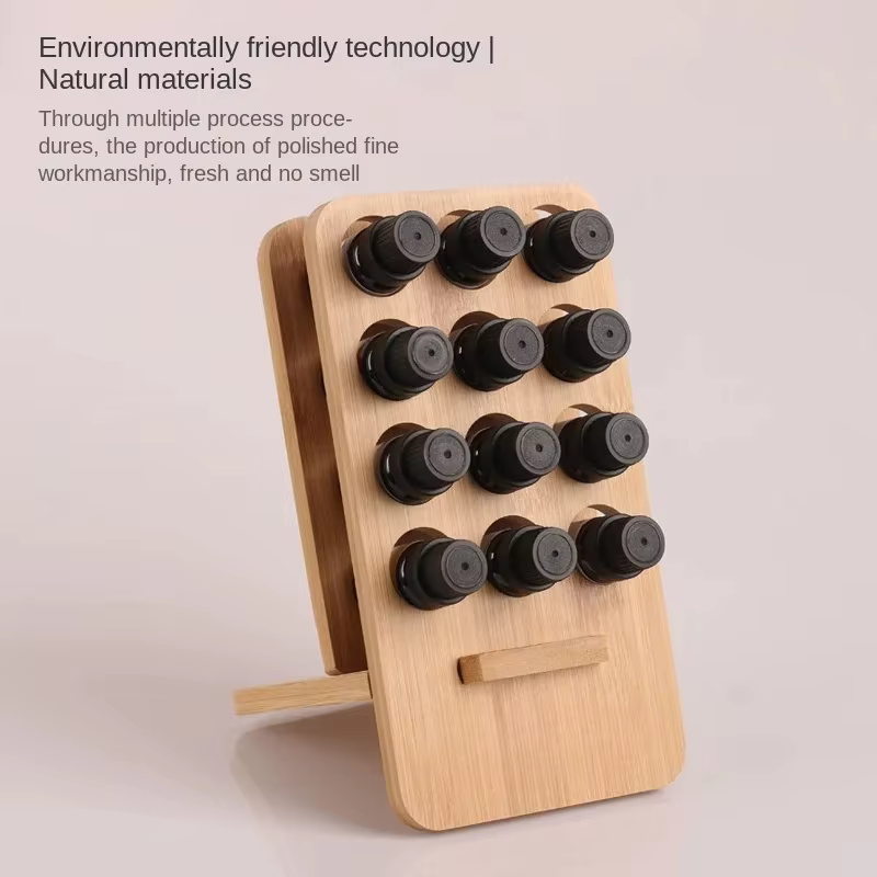 Support d'huile essentielle 12 grilles, présentoir de stockage d'huile essentielle, présentoir de bouteilles de bureau, étagère amovible en bambou