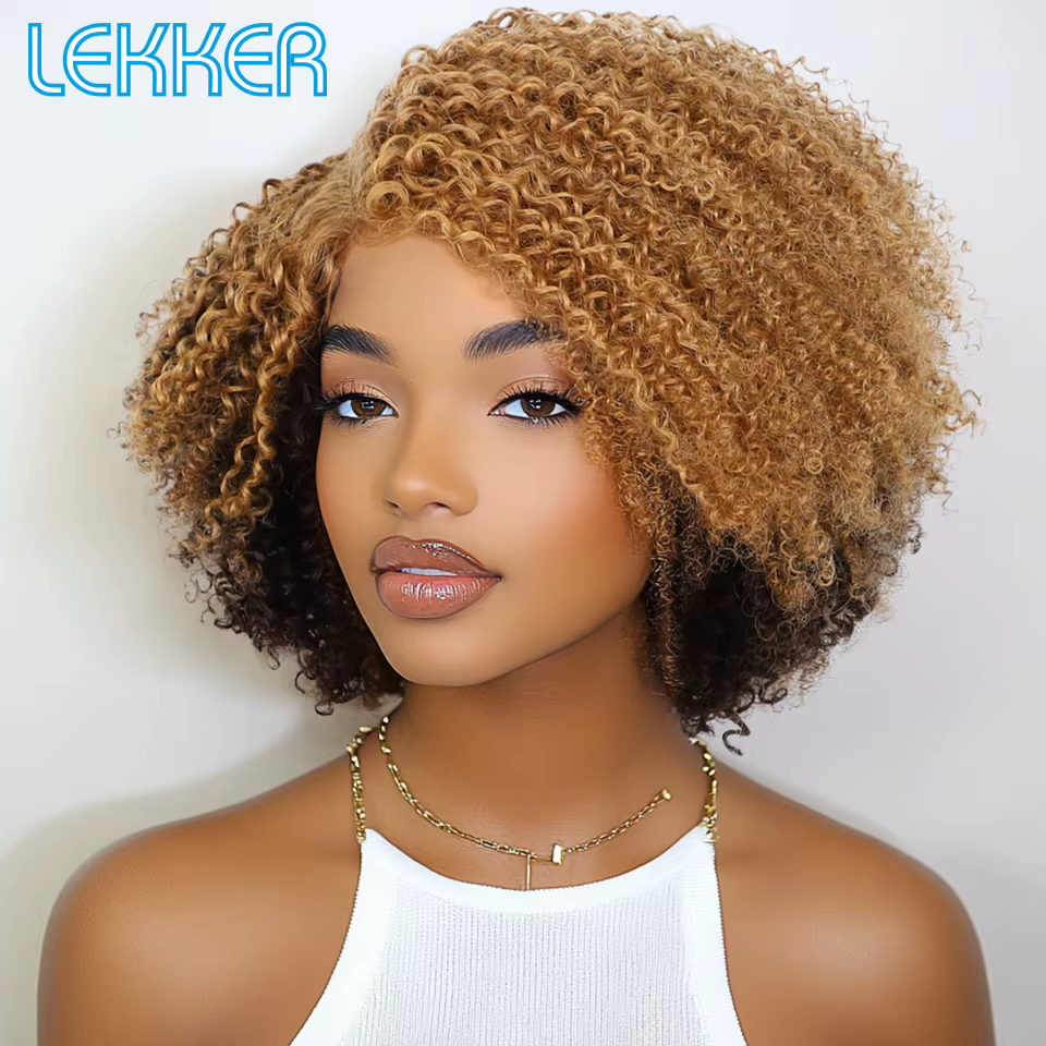 Perruques Lekker Blonde 100% Cheveux Humains Longs Afro Kinky Bouclés avec Raie Latérale en Dentelle Bob pour Femmes