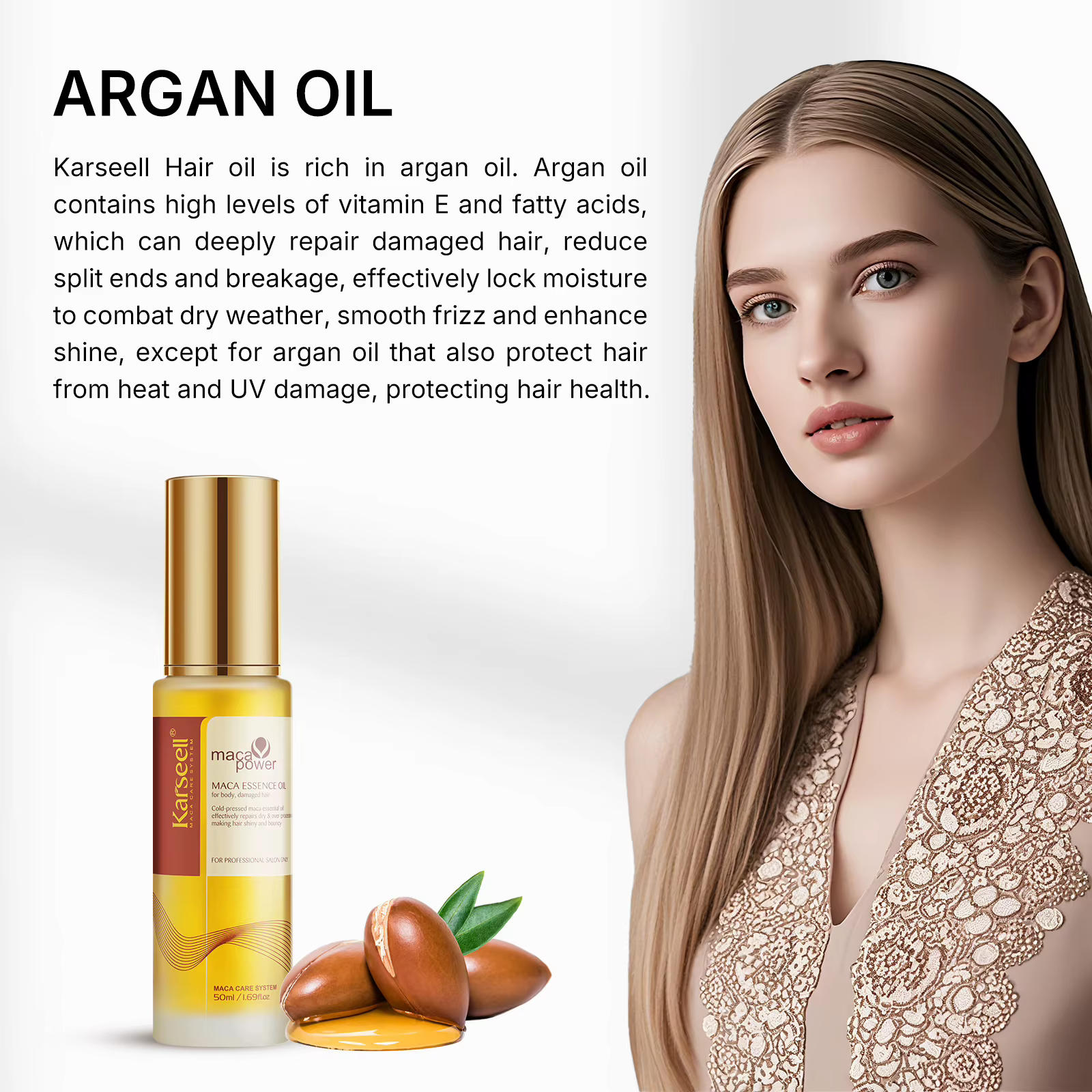 Karseell – huile capillaire pour la guérison des cheveux, pressée à froid, sans poids, huile d'argan marocaine, sérum capillaire pour nourrir et réparer les cheveux endommagés