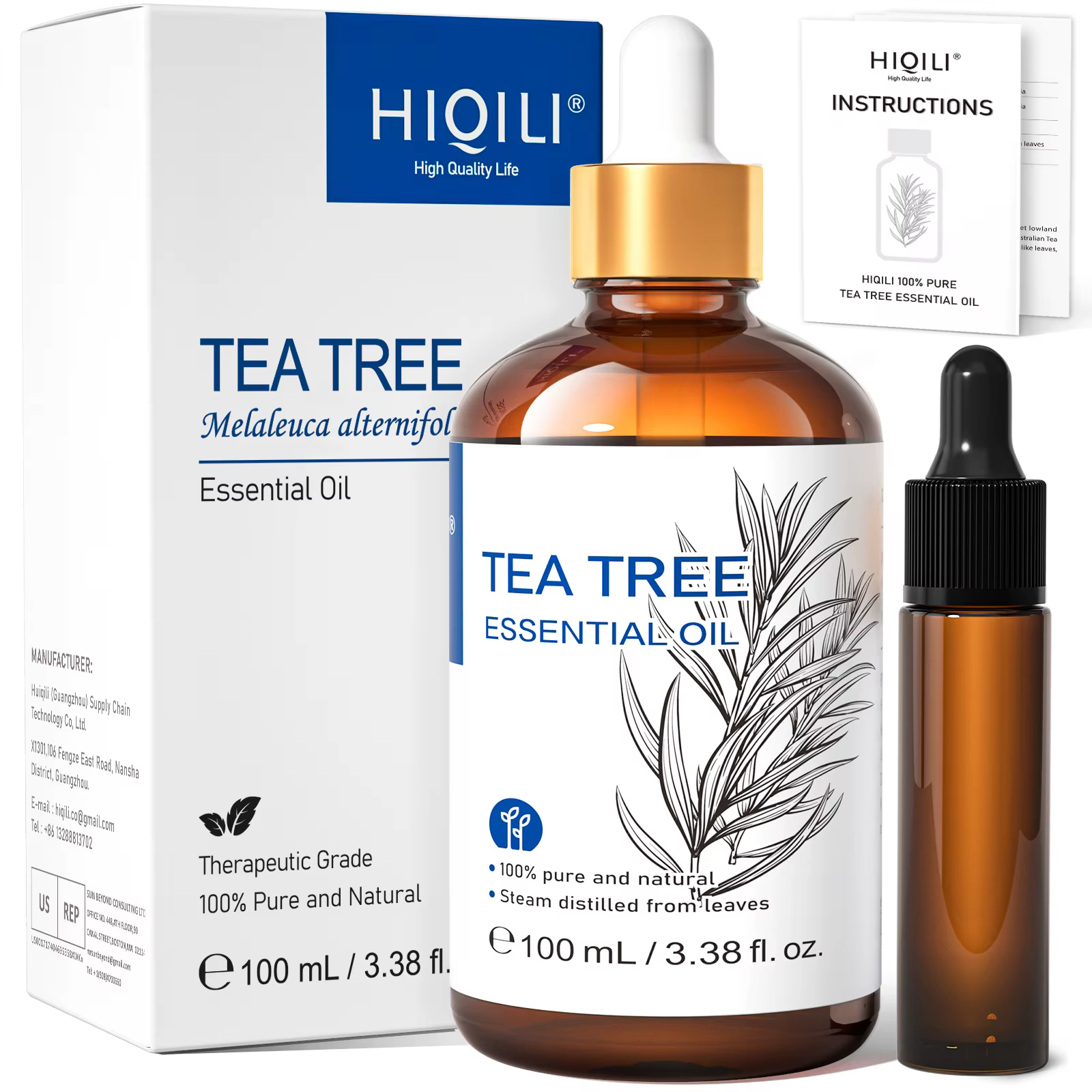 HIQILI Huile Essentielle d'Arbre à Thé, Différents Volumes (10/30/100/500mL), 100% Naturelle, Parfum d'Ambiance, Humidificateur, Bougie