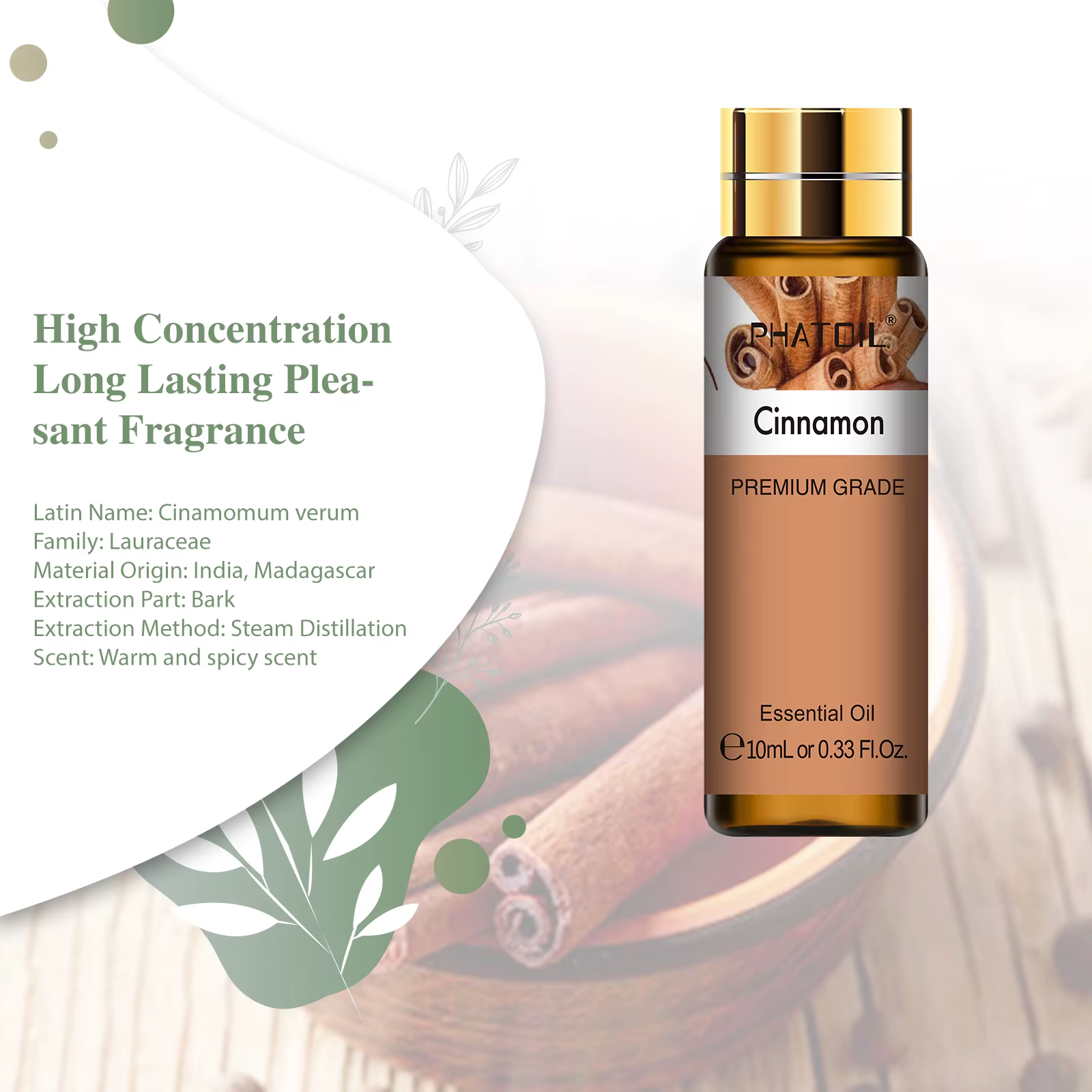 PHATOIL 10ml huiles essentielles de cannelle naturel pur pour diffuseur Massage Spa aromathérapie bougies à bricoler soi-même fabrication de savon