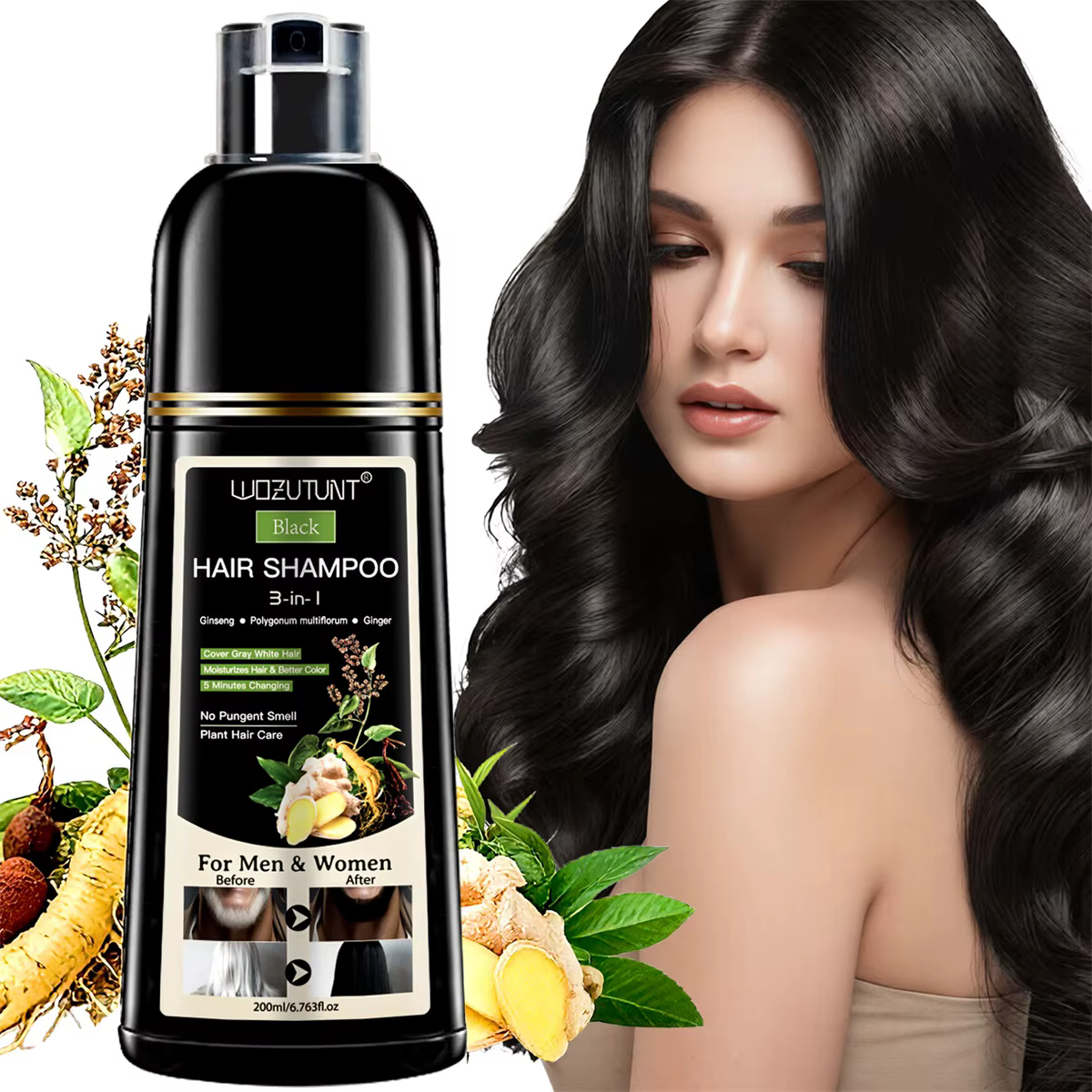 Shampoing 3 en 1 à base de plantes naturelles, 200ml, noir, marron foncé, couverture grise, nourrissant en profondeur, crème de coloration rapide pour femmes et hommes